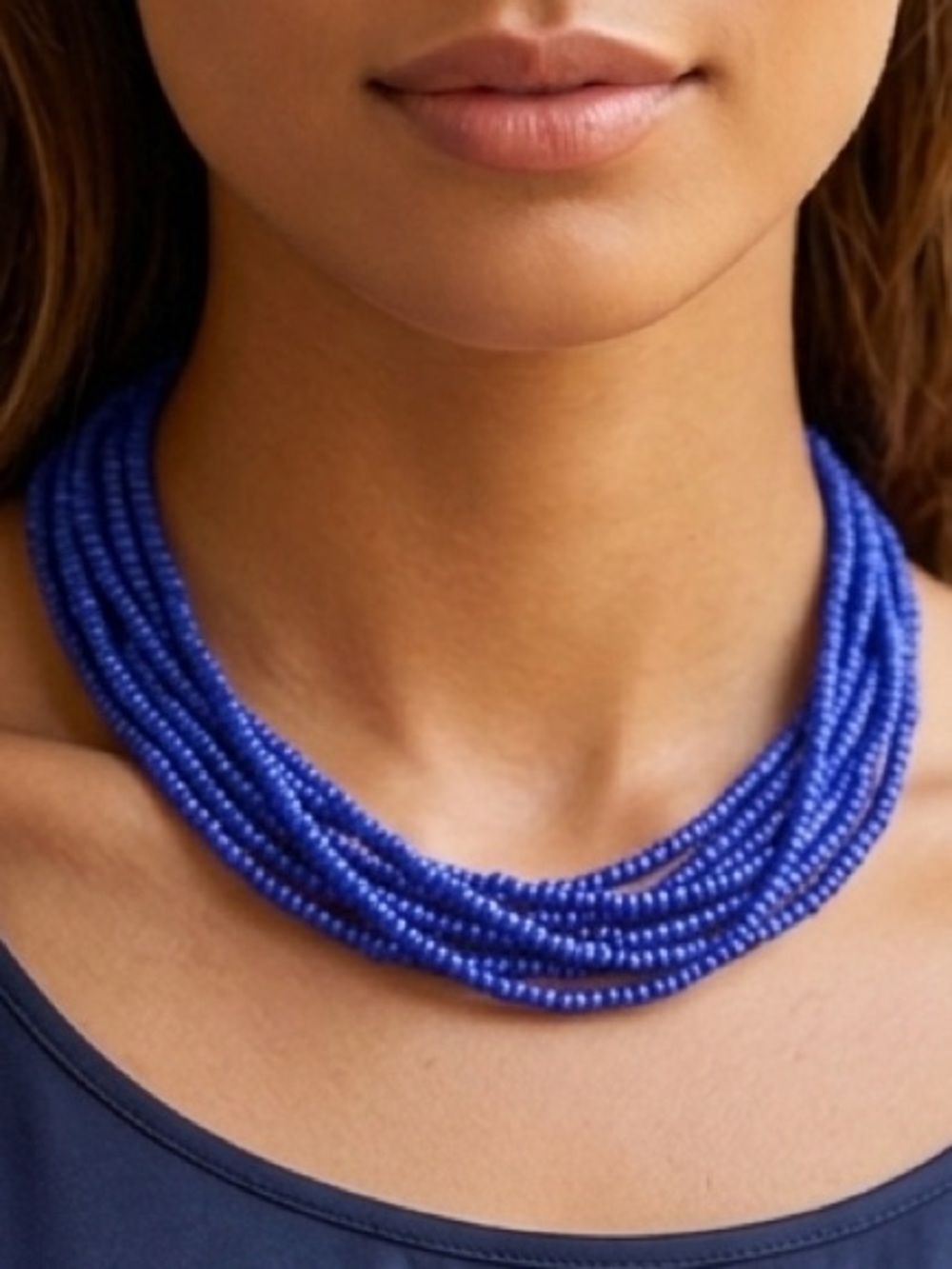 Handcrafted Multi-Strand Blue Seed Bead Evil Eye Statement Necklace